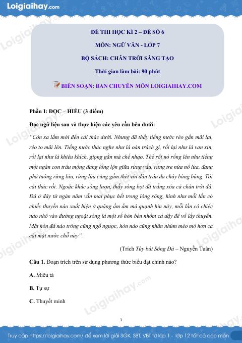 Đề thi học kì 2 Văn 7 Chân trời sáng tạo - Đề số 6